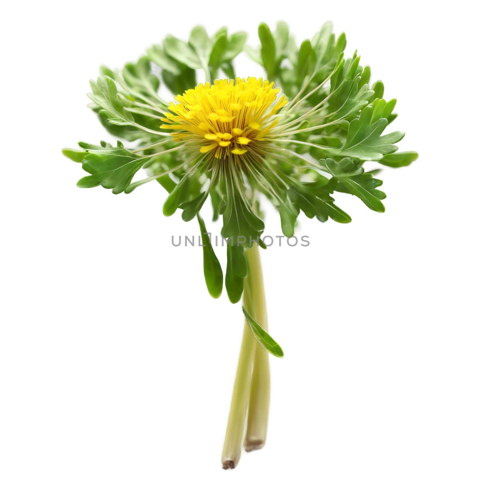 Dandelion microgreens Taraxacum officinale tender green leaves with a hint of red artfully arranged Microgreen. Microgreen isolated on transparent background.