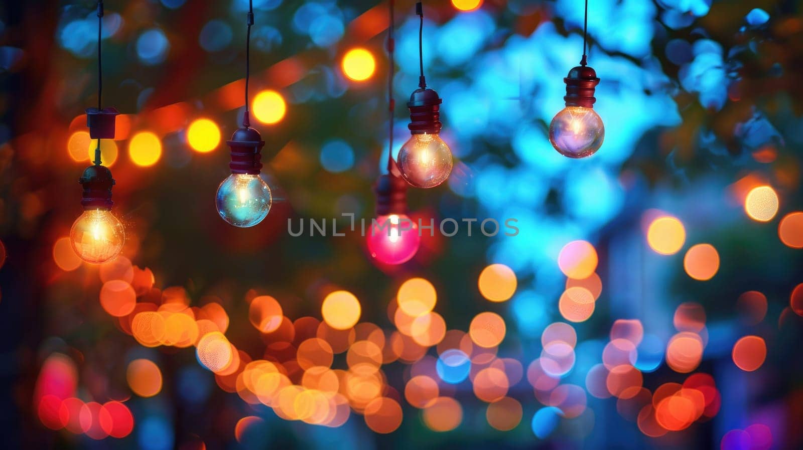 A bunch of colorful lights hanging from a tree. The lights are of different colors and are hanging at different heights. The scene has a festive and lively mood, as if it's a celebration or a party