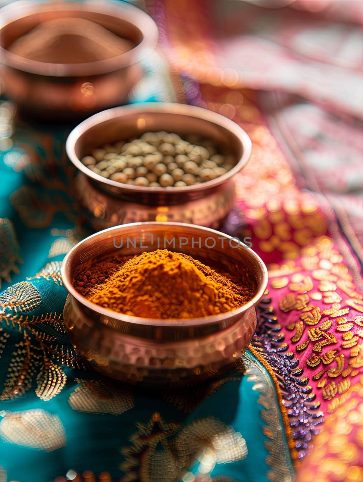 A close-up shot of traditional Indian spices in copper bowls, resting on a colorful fabric background. The spices, including turmeric, cumin, coriander, and garam masala, create a vibrant and fragrant scene.
