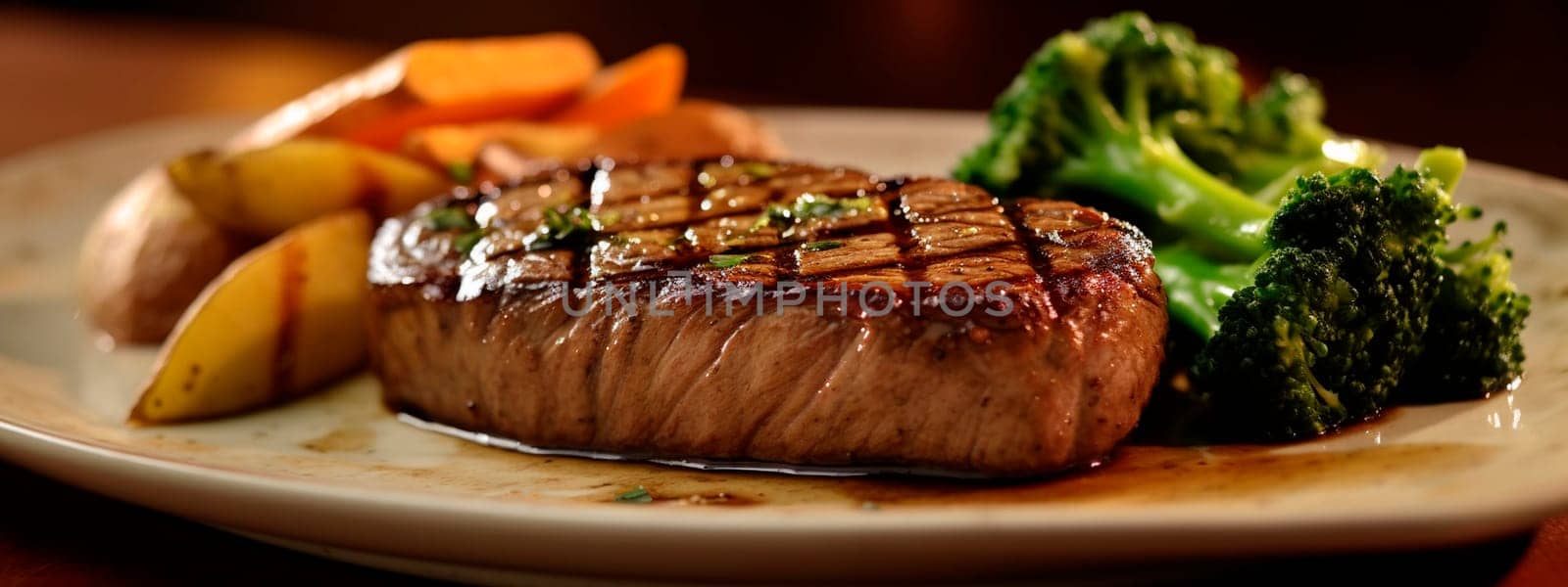 Fresh juicy tenderloin steak with stewed vegetables on a fiery grill. Generative Ai, Food,