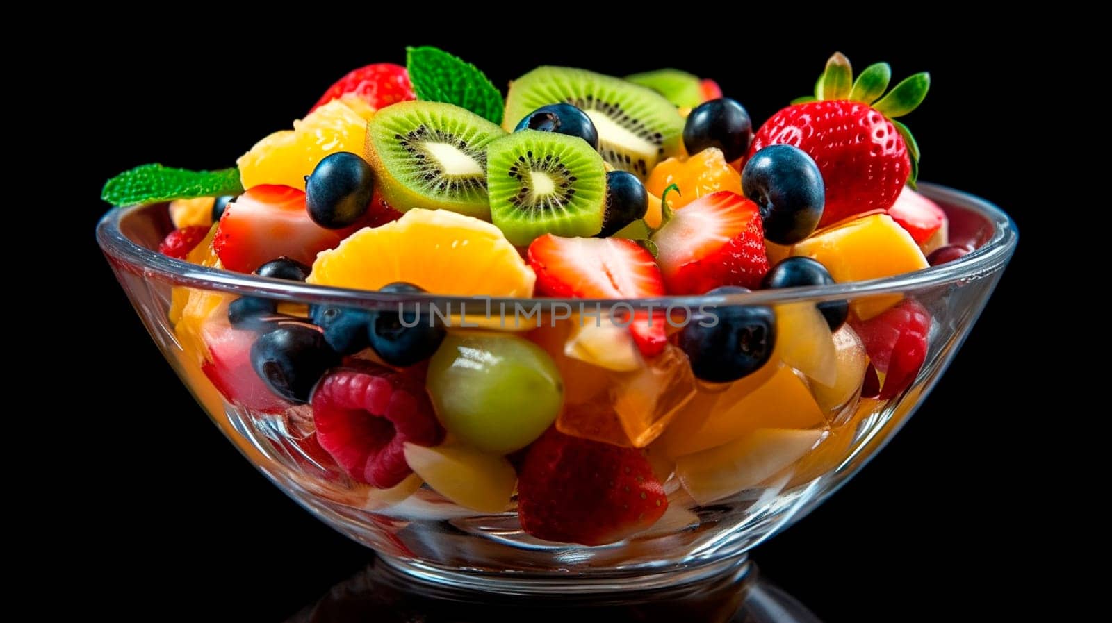 Fruit salad on a black background. Generative AI, Food,