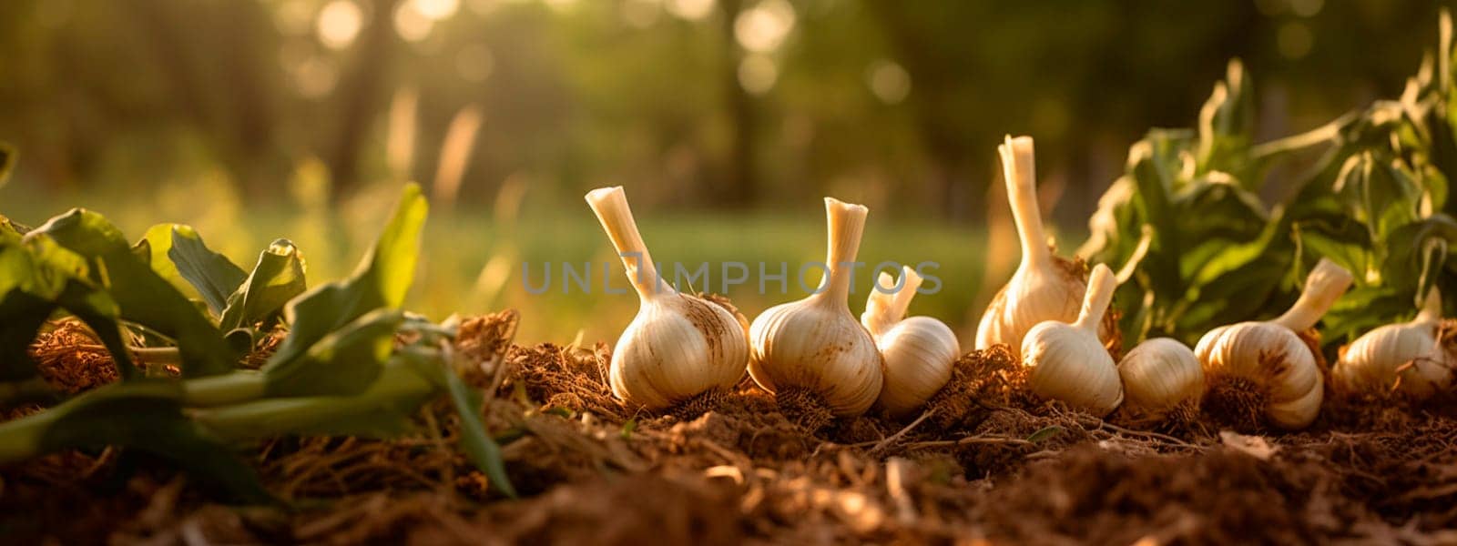 garlic grows in the garden. Generative Ai, Food.