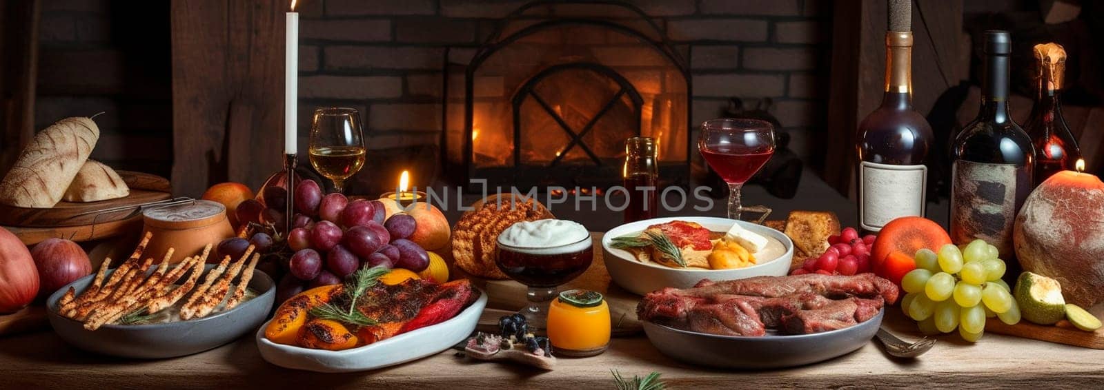 Georgian dinner table with grilled lamb kebab, fried vegetables, khachapuri, fruits and wine. Generative Ai,