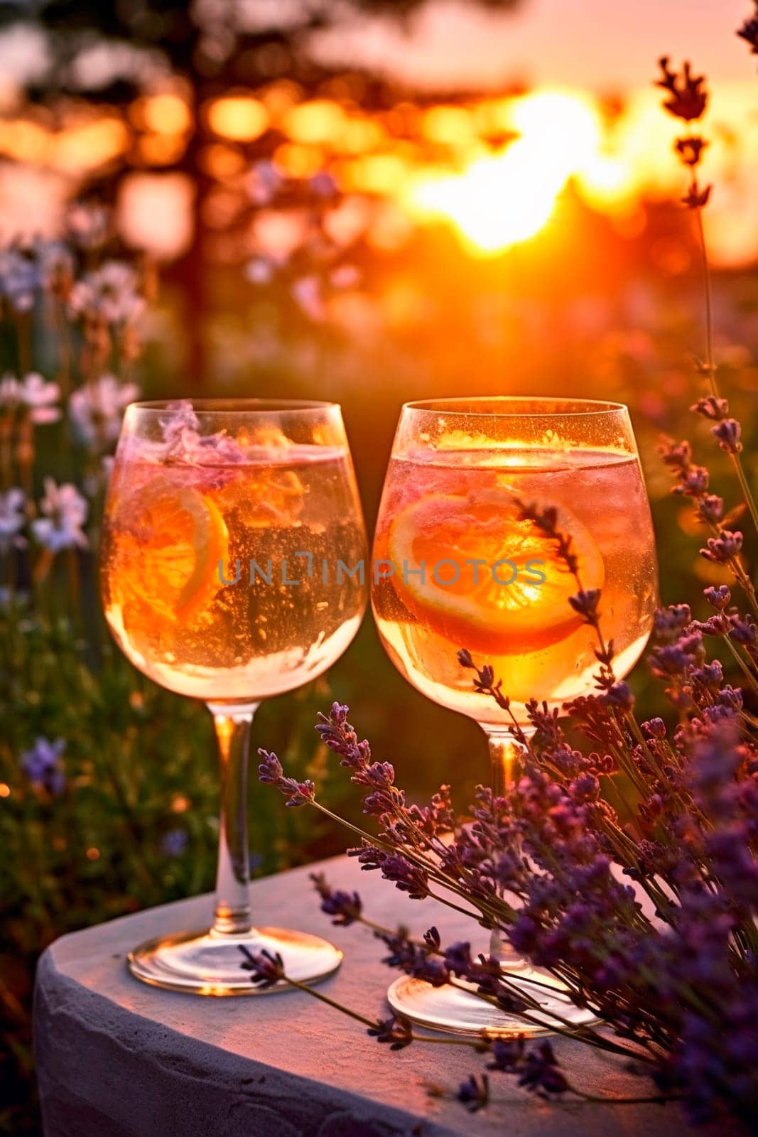 glasses of lemonade and lavender flowers in the garden, golden hour. Generative AI, Drink,