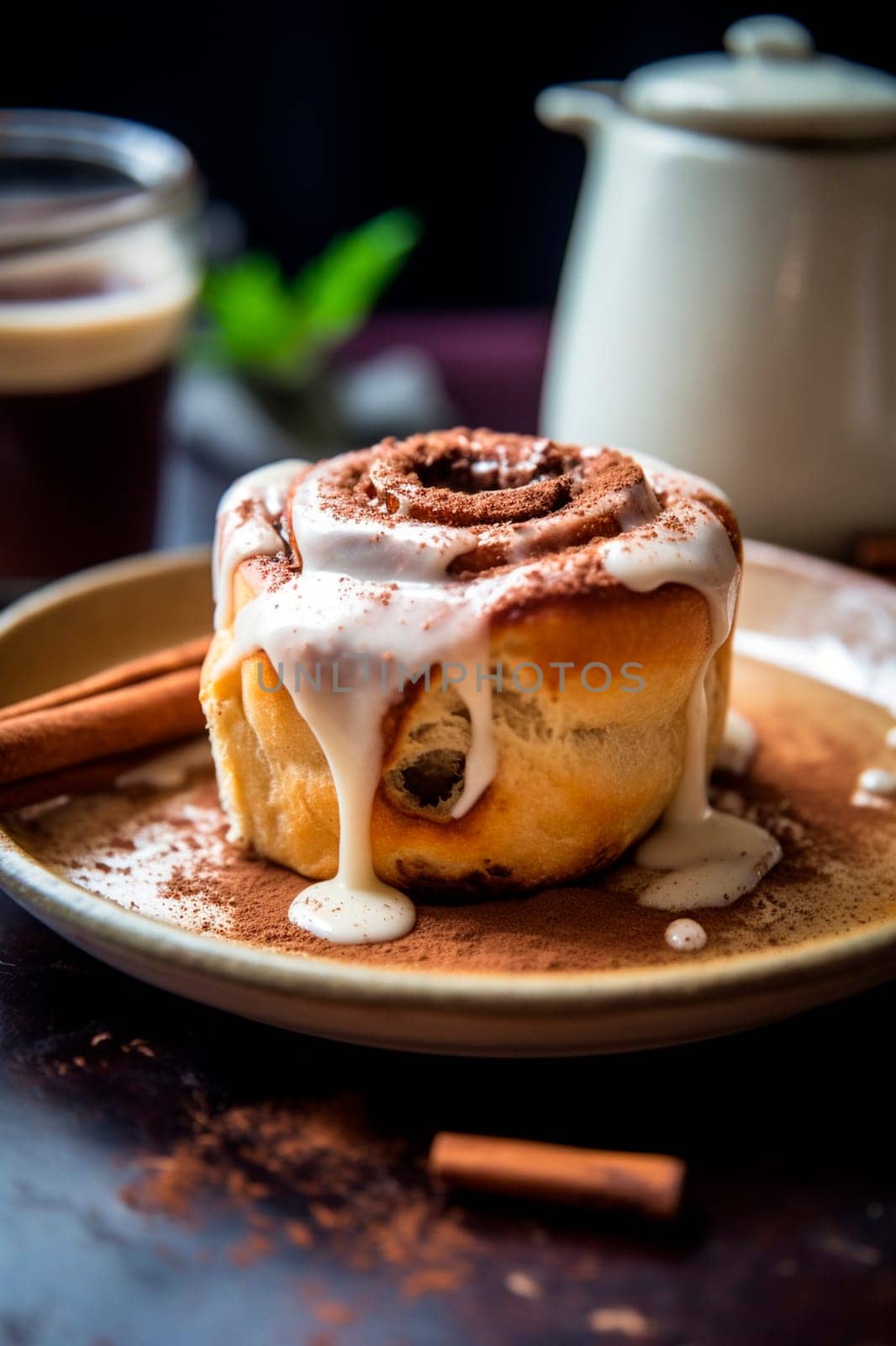 cinnamon rolls covered with sweet glaze and cinnamon. Generative AI, Food.