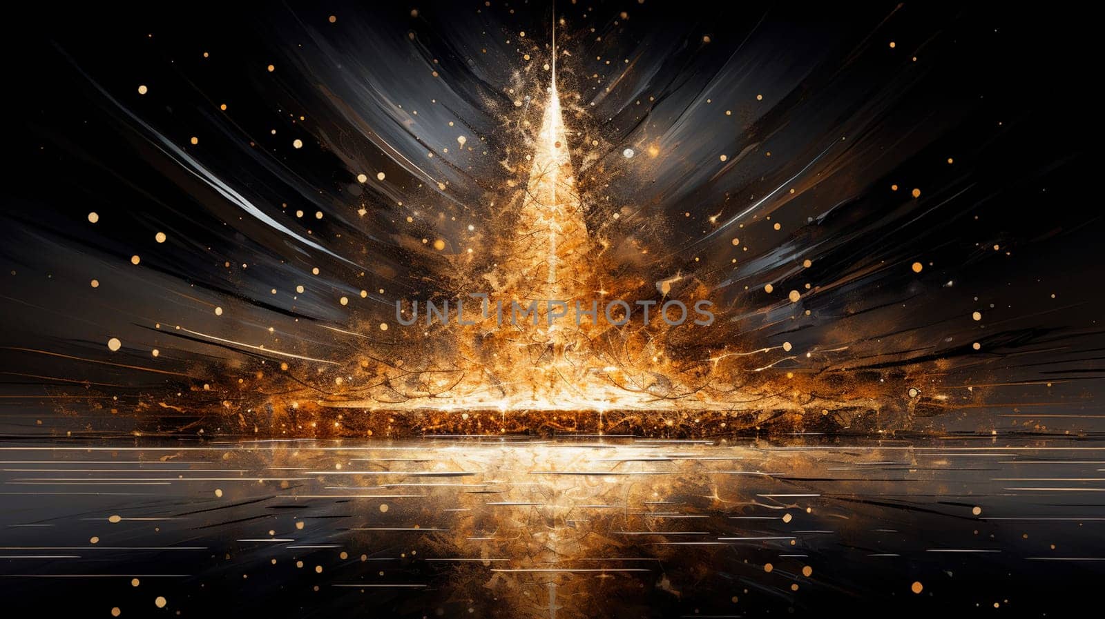 Abstract Christmas tree made of sparkles on a dark background. Generative AI, Gold.
