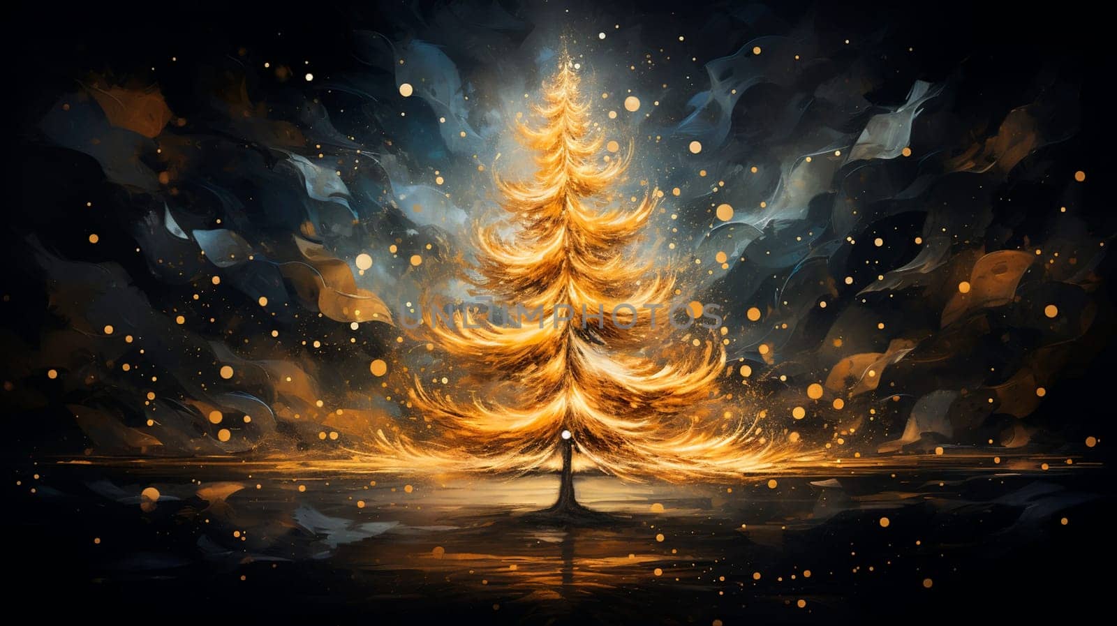 Abstract Christmas tree made of sparkles on a dark background. Generative AI, Gold.