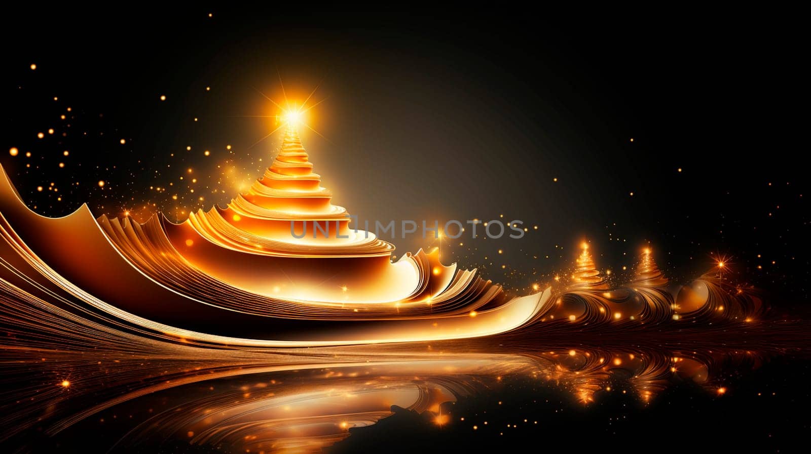 Abstract Christmas tree made of sparkles on a dark background. Generative AI, Gold.