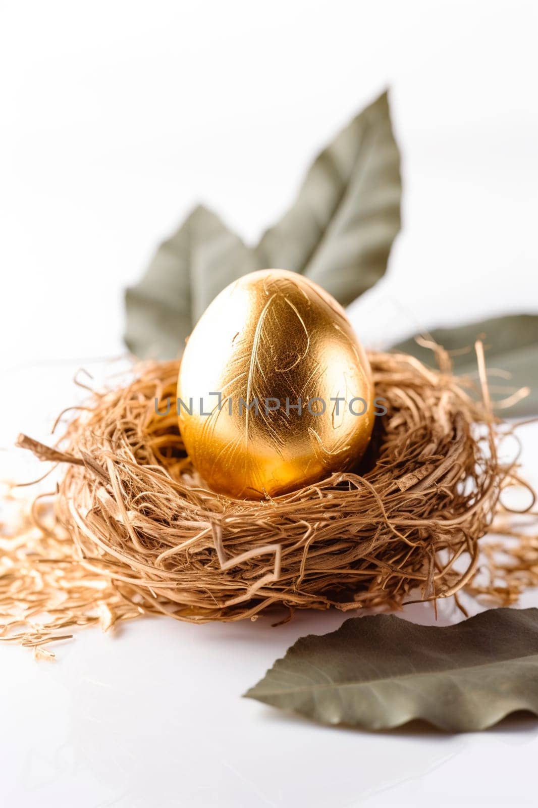 golden egg in a nest with leaves on a white background with a light background. Generative AI, Food.