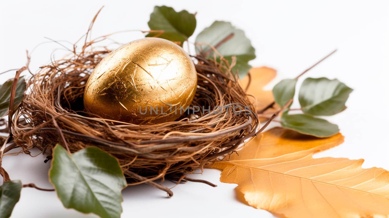 golden egg in a nest with leaves on a white background with a light background. Generative AI, Food.