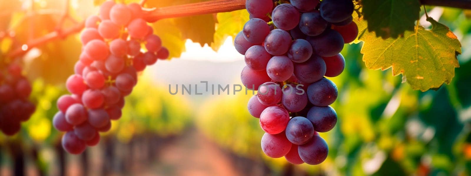 Grapes grow on a tree in a harvest garden. Generative Ai, Banner,
