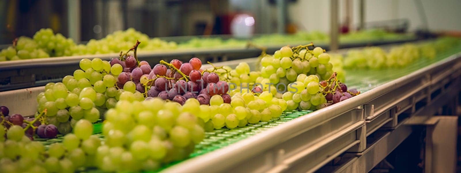 grapes, tape in the food industry, products ready for automatic packaging. Concept with automated food production. Generative AI, Food.