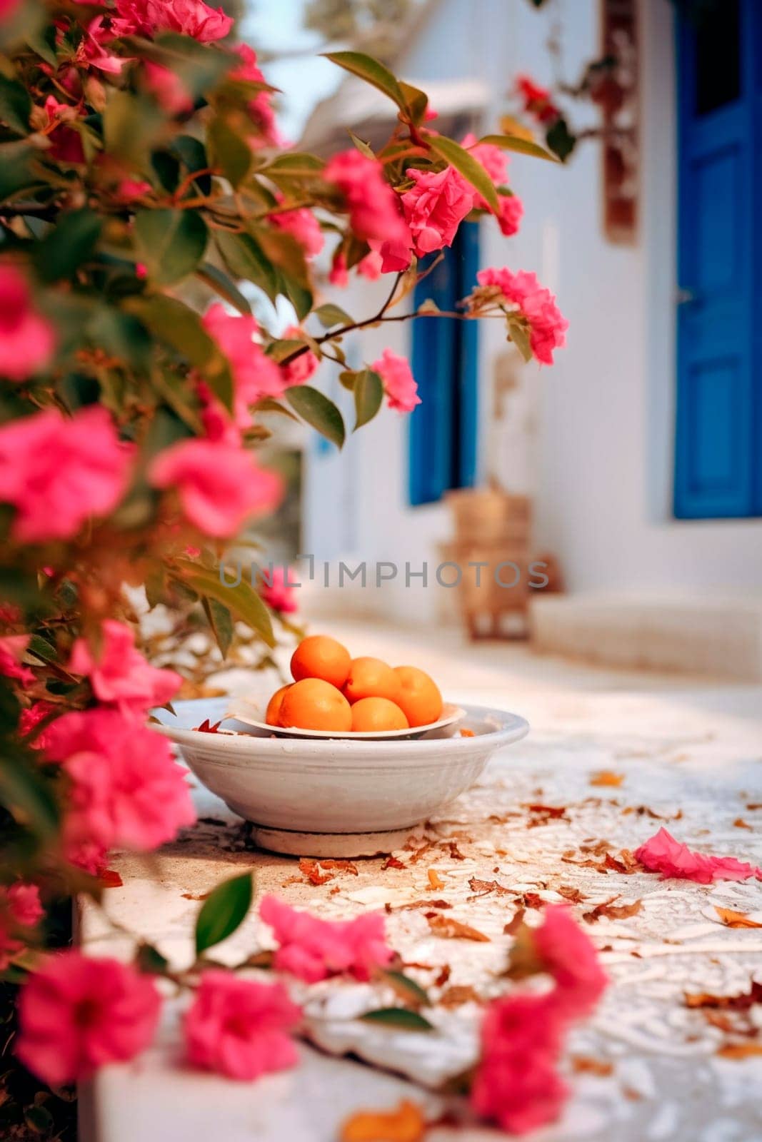 greek dessert Close-up in a greek village with blooming bougainvillea. Generative AI, nature.