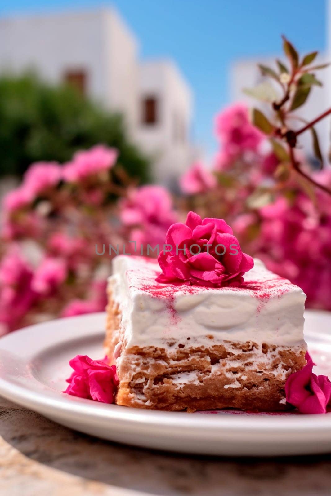 greek dessert Close-up in a greek village with blooming bougainvillea. Generative AI, nature.