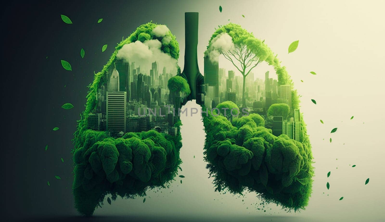 Green lung with city air pollution. Generative AI, Nature.