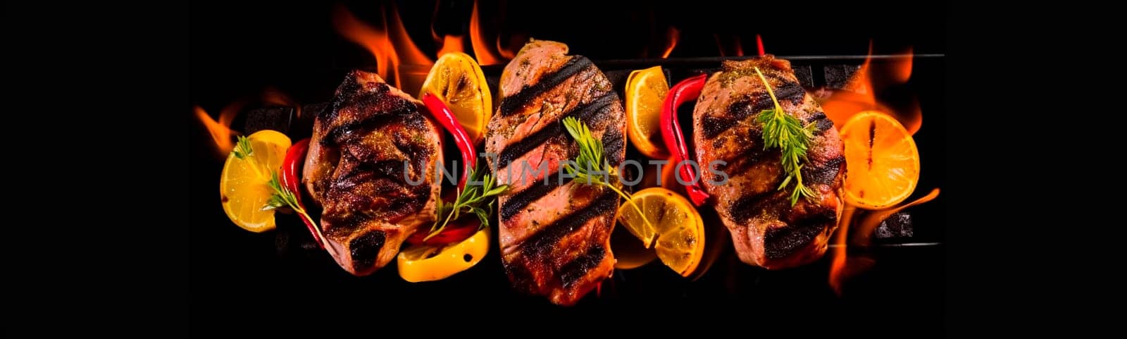 grilled meat on fire with vegetables is fried. Generative Ai,