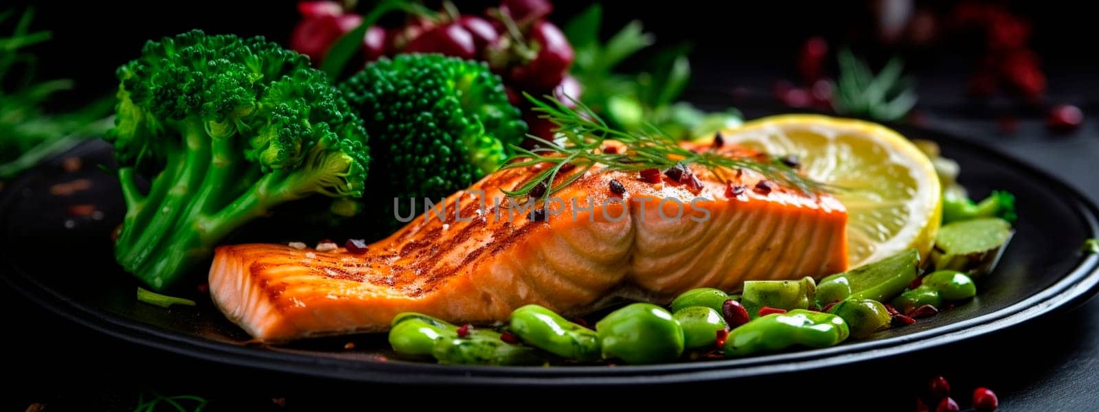 Grilled salmon with vegetables, keto diet dish. Generative Ai, food,