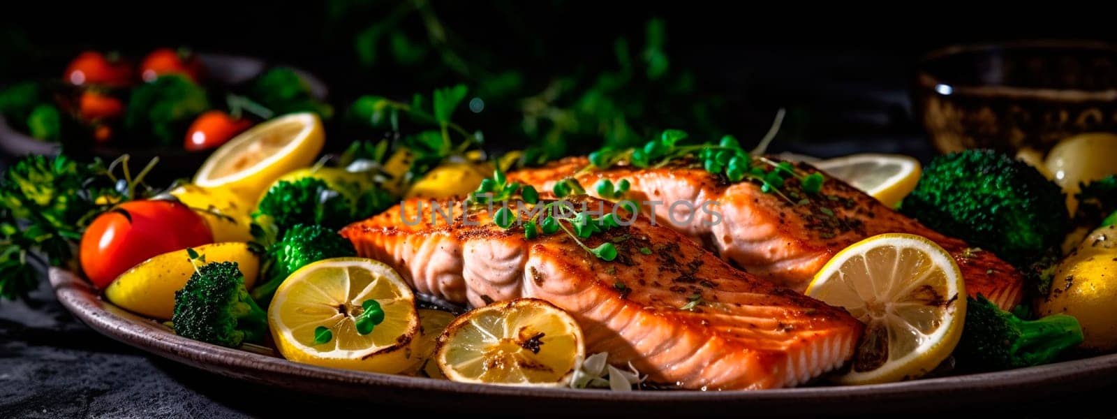 Grilled salmon with vegetables, keto diet dish. Generative Ai, food,