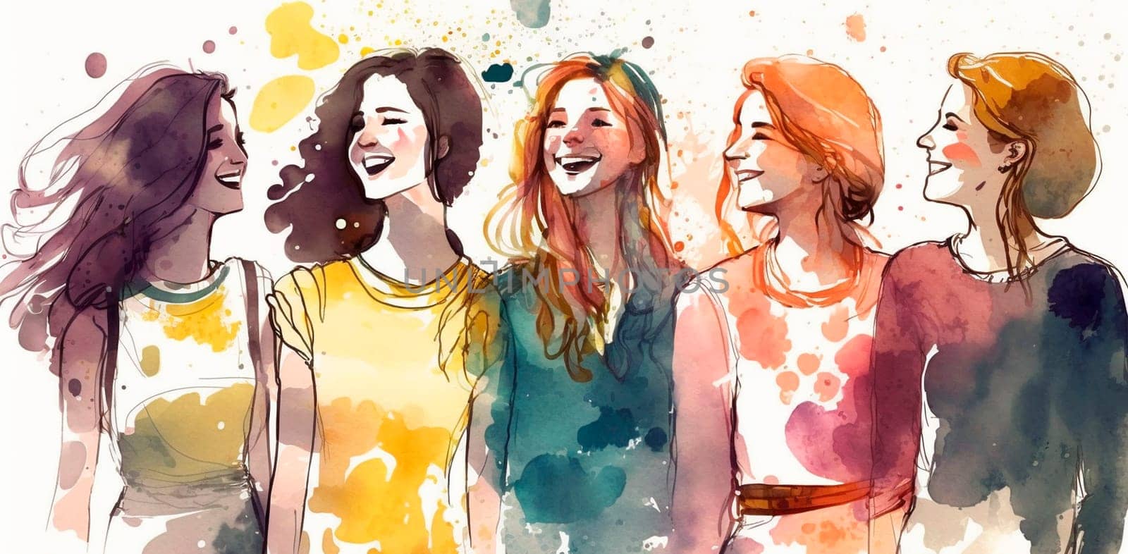 Group of happy women for International Women's Day, watercolor style drawing. Generative Ai, White.