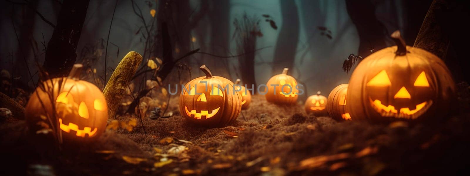 Halloween - pumpkins in a spooky forest. Generative AI,