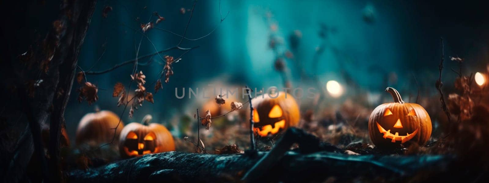 Halloween - pumpkins in a spooky forest. Generative AI,