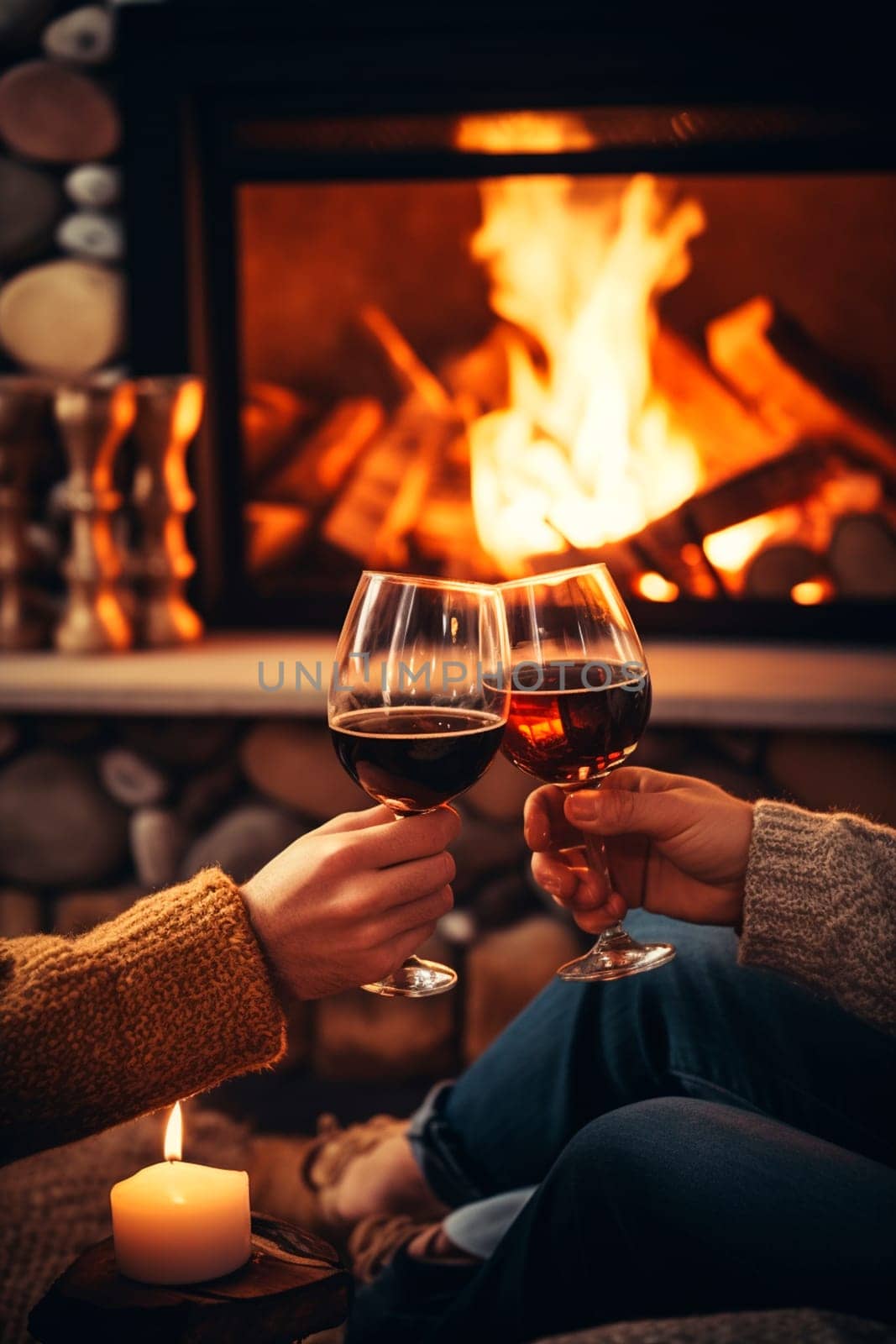People drink wine together near the fireplace. Generative AI, happy.