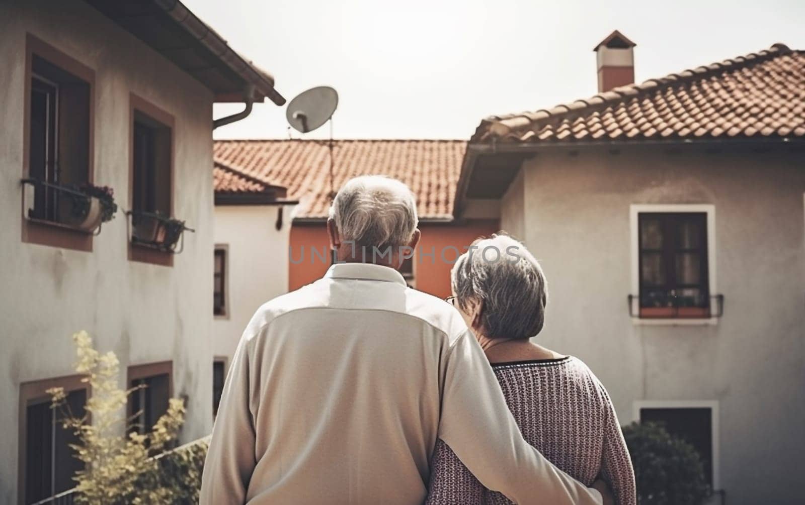 happy elderly couple grandfather and grandmother view from the back holding hands, Generative Ai, People.