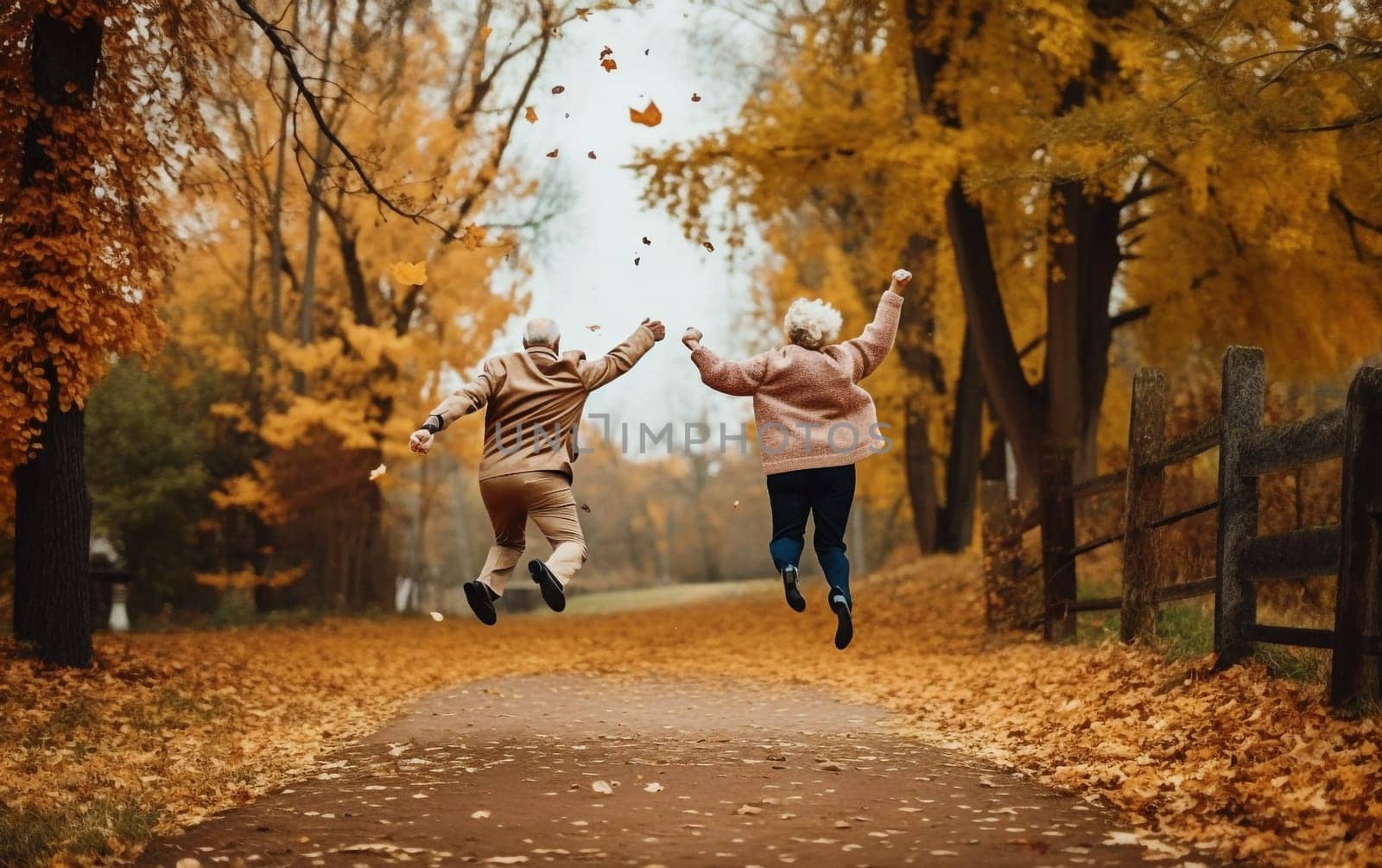 happy elderly couple grandfather and grandmother view from the back holding hands, Generative Ai, People.