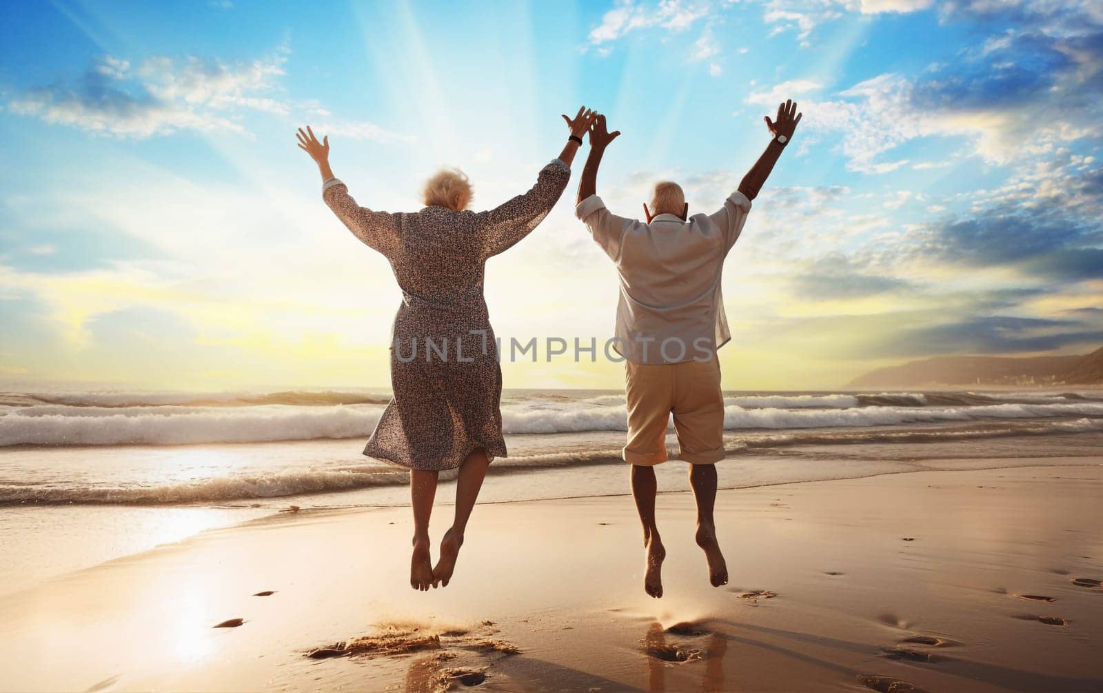 happy elderly couple grandfather and grandmother view from the back holding hands, Generative Ai, People.