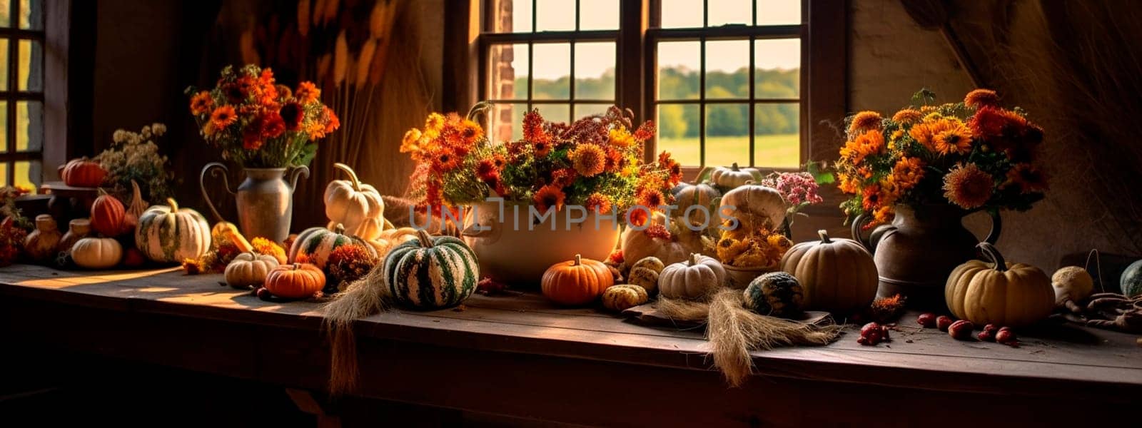 celebration harvest abundance pumpkin flower arrangements on the table in a cozy country room. Generative AI, by yanadjana