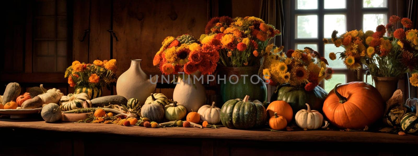 celebration harvest abundance pumpkin flower arrangements on the table in a cozy country room. Generative AI, by yanadjana