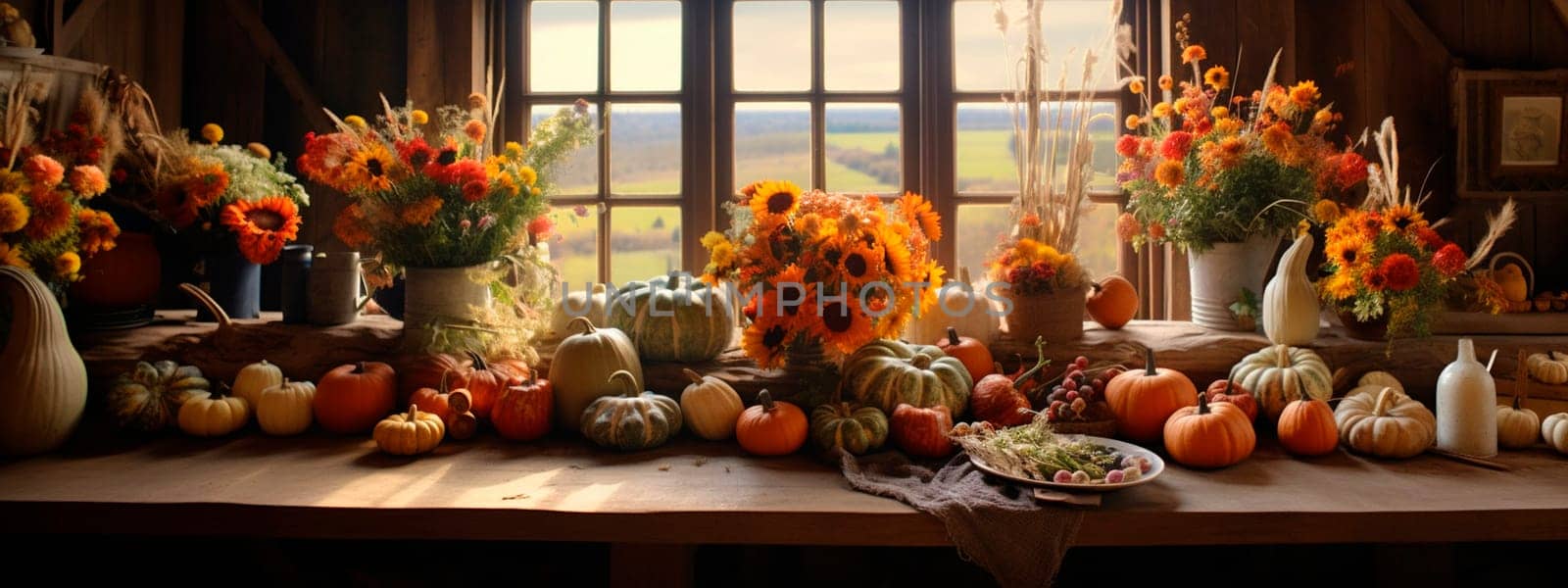 celebration harvest abundance pumpkin flower arrangements on the table in a cozy country room. Generative AI, by yanadjana