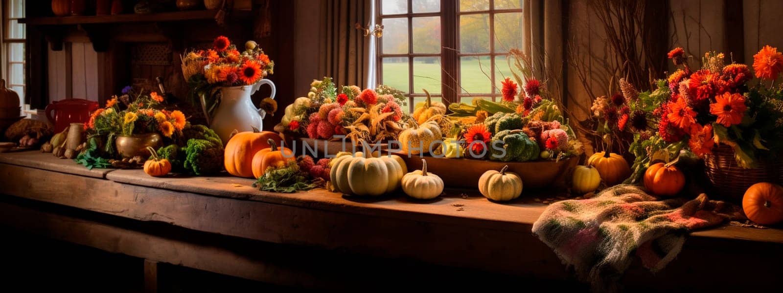 celebration harvest abundance pumpkin flower arrangements on the table in a cozy country room. Generative AI, by yanadjana