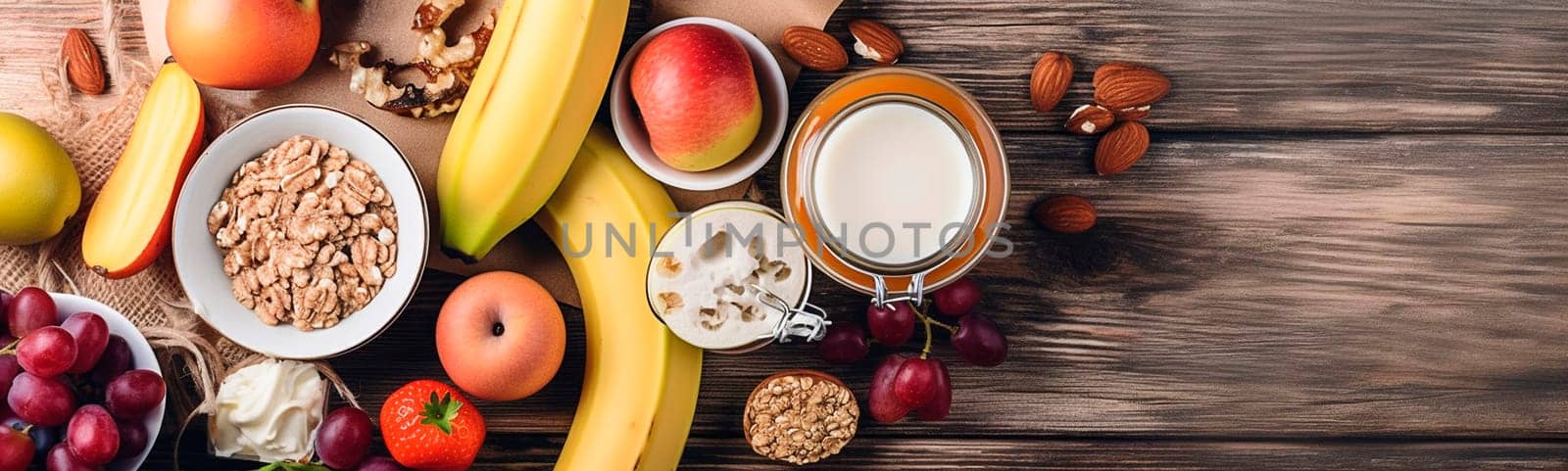 Healthy breakfast ingredients, granola, egg, nuts, fruits, berries. Generative AI,