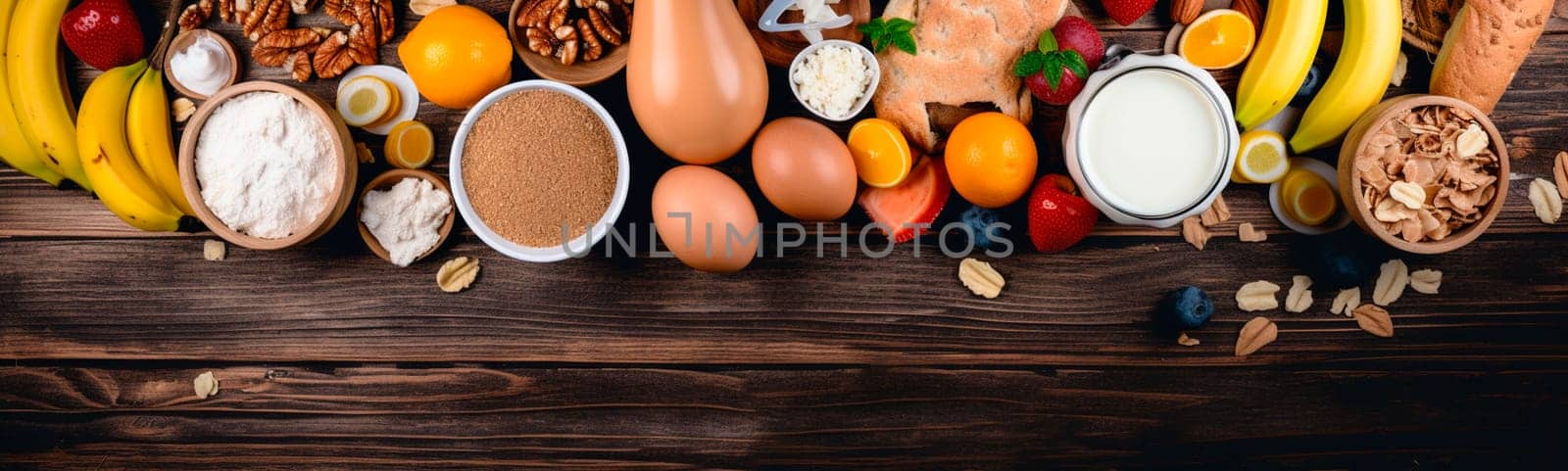 Healthy breakfast ingredients, granola, egg, nuts, fruits, berries. Generative AI,