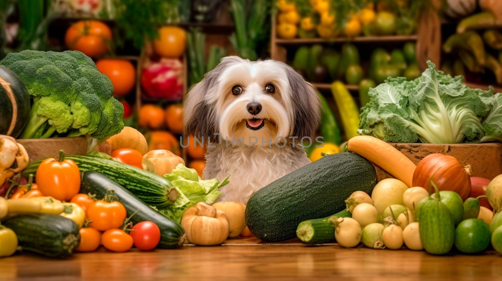 Healthy food concept for dogs, dog sitting under vegetables. Generative AI, Food.