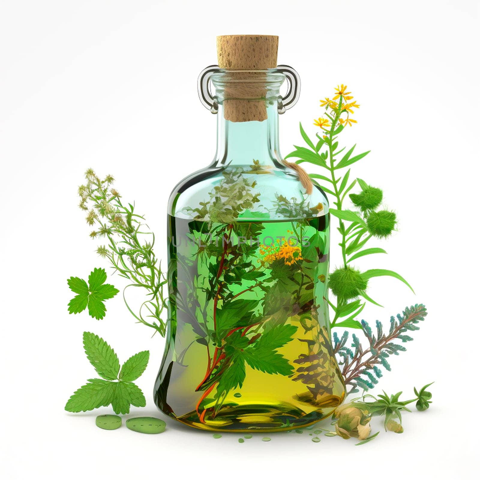 Bottle with herbal oil homeopathic herbs. Generative AI, Nature.