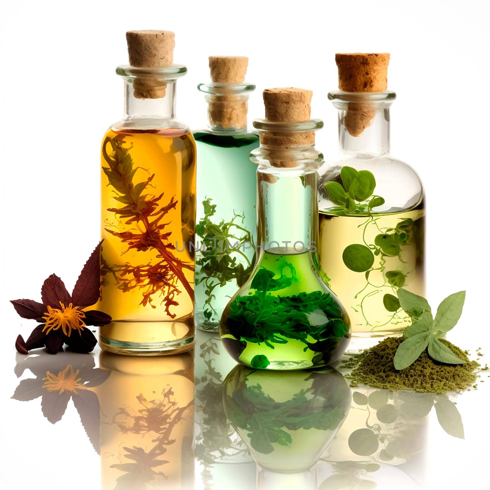 Bottle with herbal oil homeopathic herbs. Generative AI, Nature.