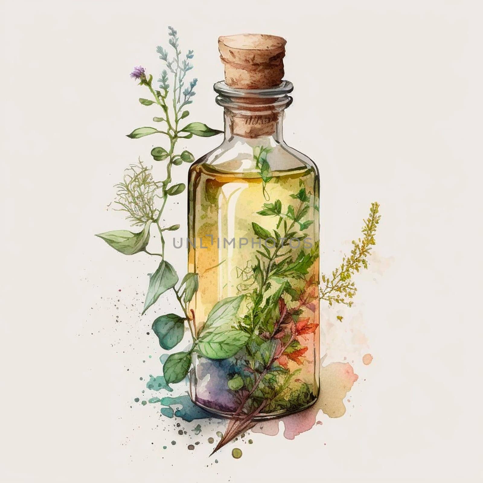 Bottle with herbal oil homeopathic herbs. Watercolor drawing. Generative AI, Nature.