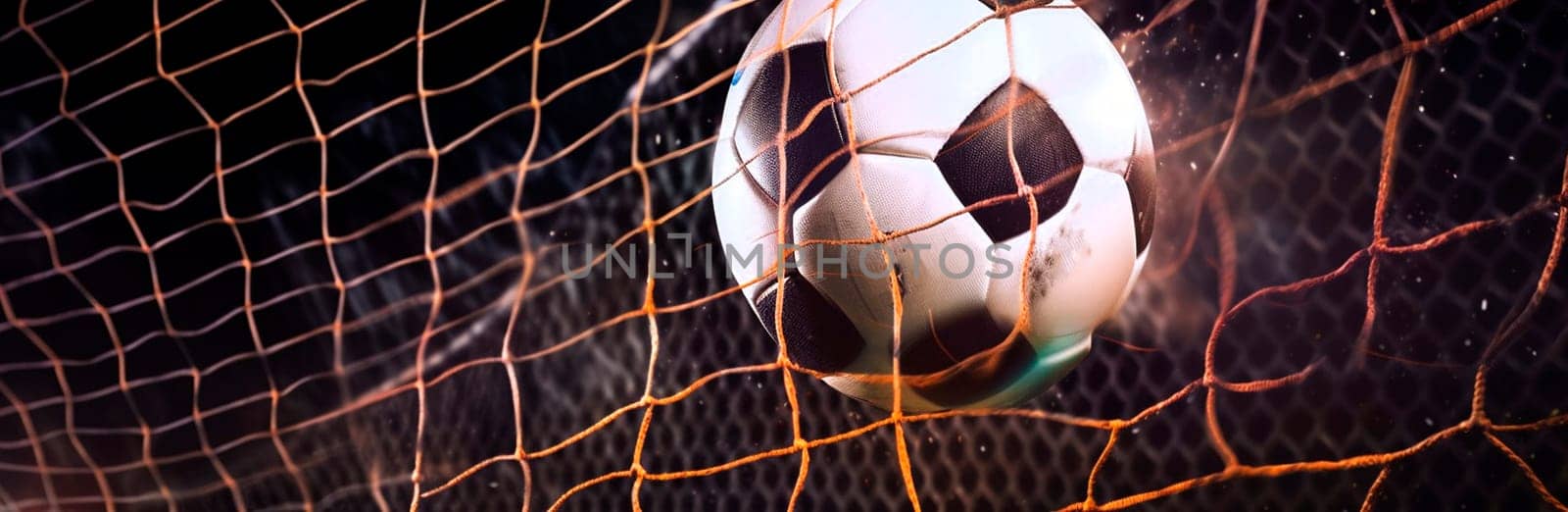 Soccer ball hitting the net with bright highlights copy space. Generative AI,