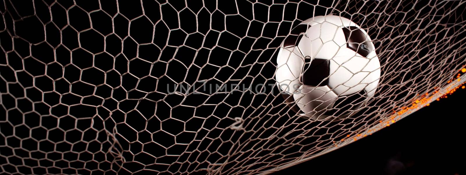 Soccer ball hitting the net with bright highlights copy space. Generative AI,