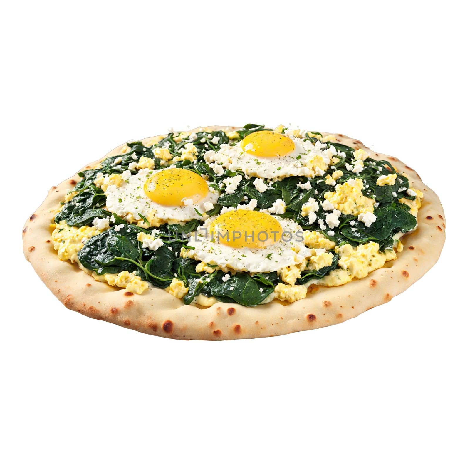 Breakfast naan pizza a crispy naan bread topped with scrambled eggs spinach and feta cheese. Food isolated on transparent background.