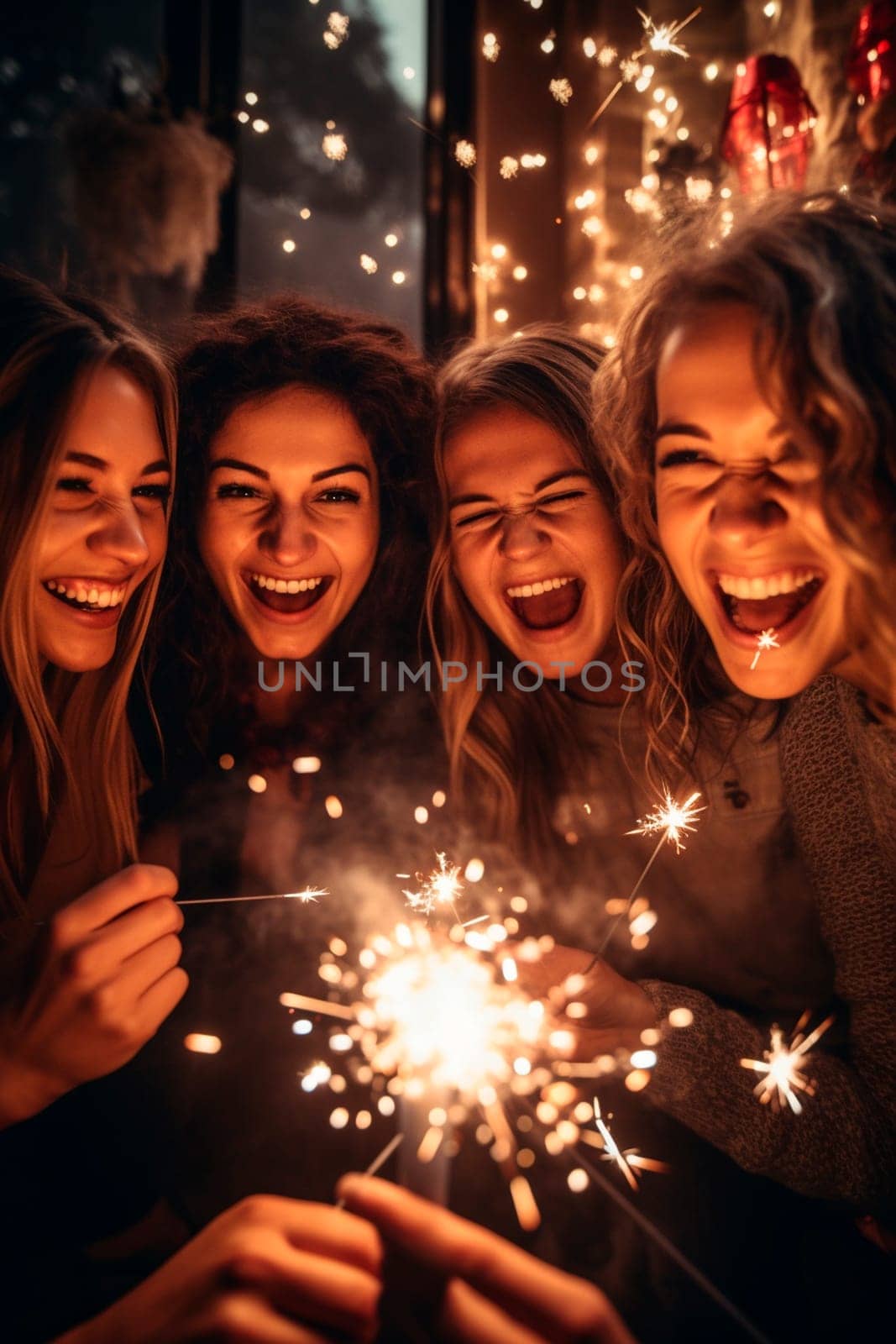 Christmas friends with sparklers. Generative AI, xmas.