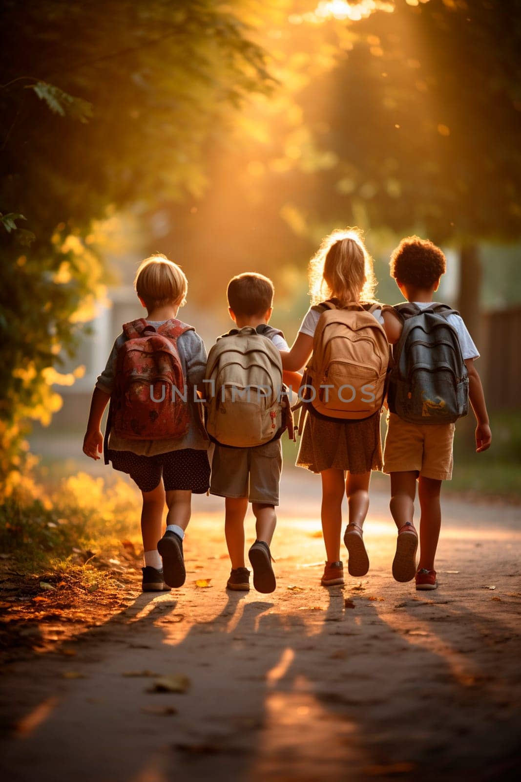 Children with backpacks go to school. Generative AI, Kids.