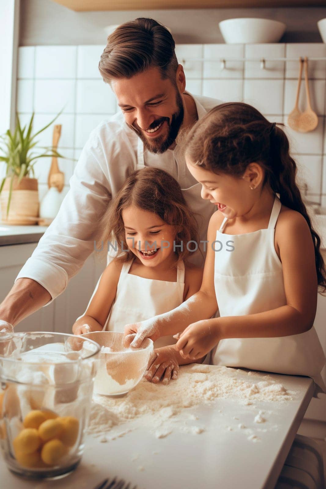 Father and daughter prepare dough in the kitchen. Generative AI, Kid.