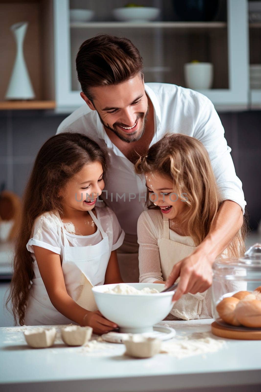 Father and daughter prepare dough in the kitchen. Generative AI, Kid.