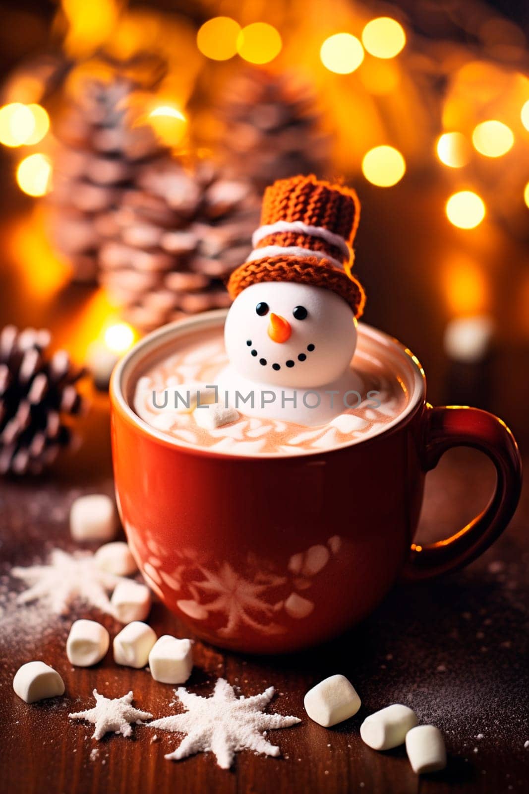 Christmas cup of cocoa with marshmallows and snowman. Generative AI, Food.