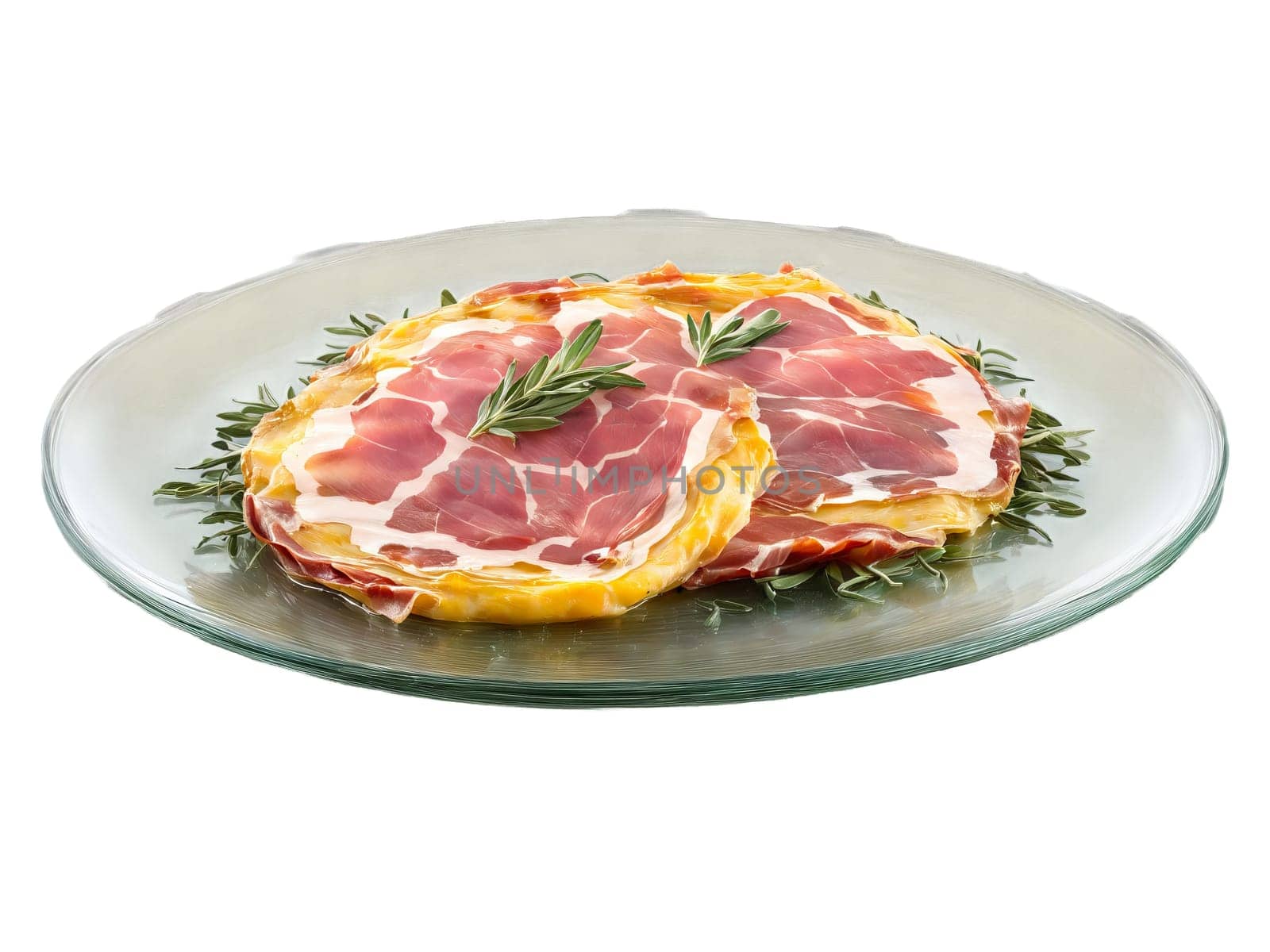 Saltimbocca alla Romana veal topped with prosciutto and sage served on a transparent glass plate. Food isolated on transparent background.