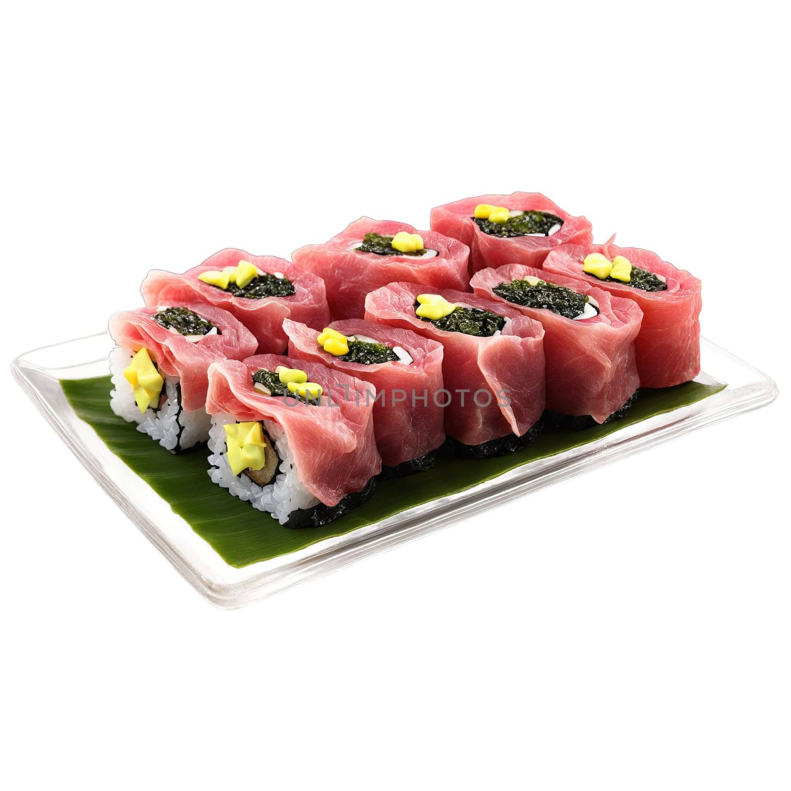Beef carpaccio sushi tissue thin raw beef slice nori wrapped rice cube in glass dish. Food isolated on transparent background.