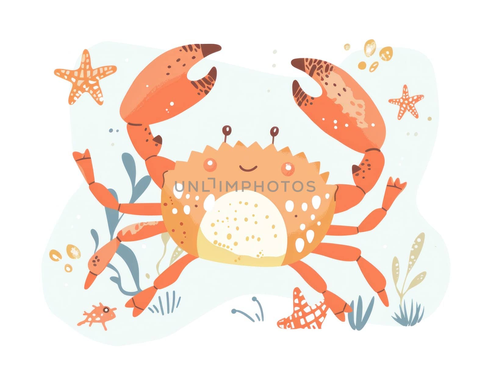 Underwater exploration colorful crab surrounded by starfish and other marine life in the ocean depths by Vichizh